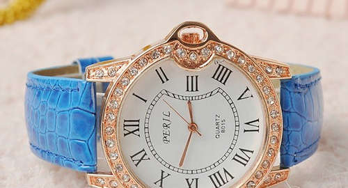 Ladies Quartz Wrist Watch - Blue leather and Rhinestone dial