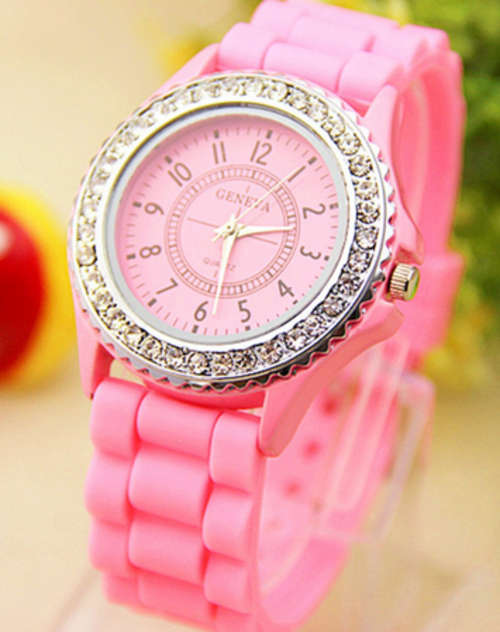 Geneva Rhinestone and Light Pink Silicone Watch