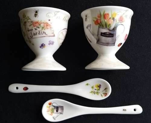 Very cute decorative ceramic egg cups and spoons `dans le jardin`