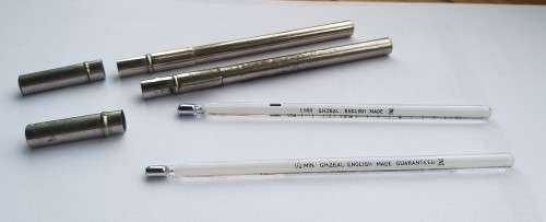 2 glass medical thermometers in protective cases 12 min and 1 min (degrees fahrenheit) GH ZEAL