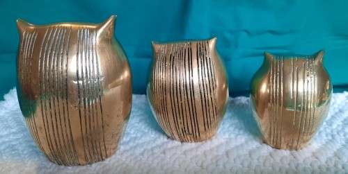 Family of 3 Vintage brass owl ornaments