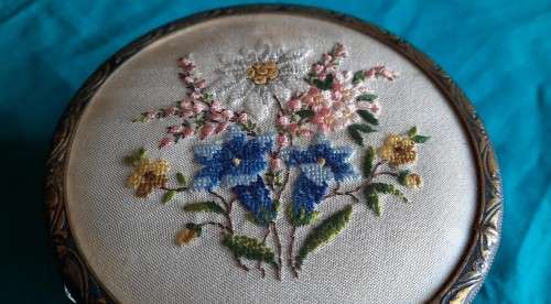 Stunning cut glass Powder/Vanity Jar with embroidered lid (possibly Regent of London)