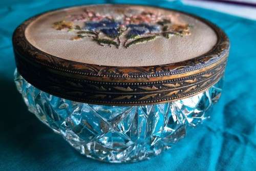 Stunning cut glass Powder/Vanity Jar with embroidered lid (possibly Regent of London)