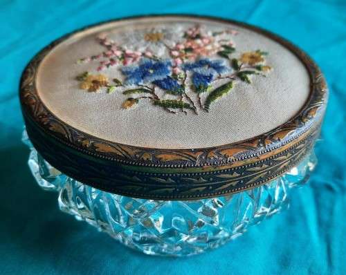 Stunning cut glass Powder/Vanity Jar with embroidered lid (possibly Regent of London)