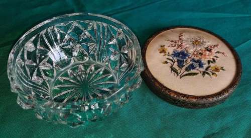 Stunning cut glass Powder/Vanity Jar with embroidered lid (possibly Regent of London)