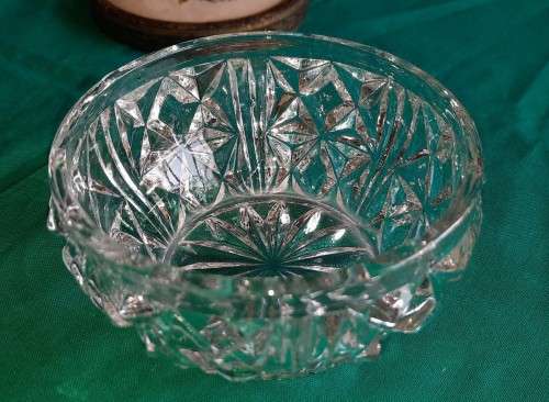 Stunning cut glass Powder/Vanity Jar with embroidered lid (possibly Regent of London)