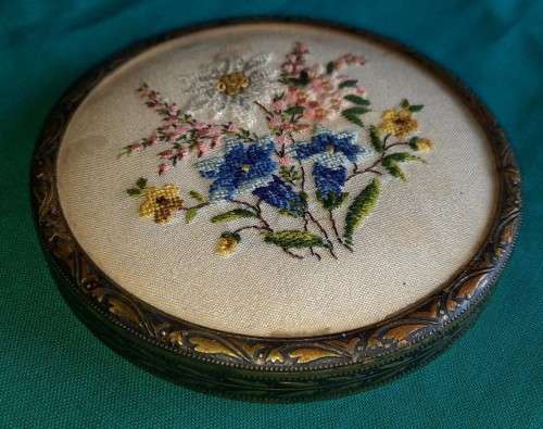 Stunning cut glass Powder/Vanity Jar with embroidered lid (possibly Regent of London)
