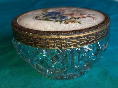 Stunning cut glass Powder/Vanity Jar with embroidered lid (possibly Regent of London)