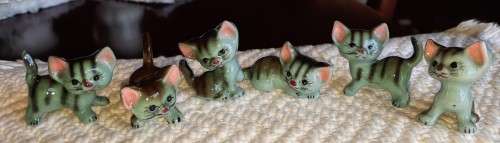 Vintage, set of 6 playful kittens, grey stripes with pink ears