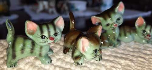 Vintage, set of 6 playful kittens, grey stripes with pink ears