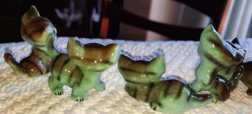 Vintage, set of 6 playful kittens, grey stripes with pink ears