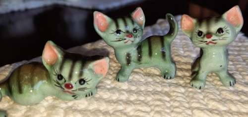 Vintage, set of 6 playful kittens, grey stripes with pink ears