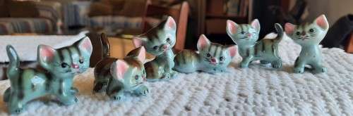 Vintage, set of 6 playful kittens, grey stripes with pink ears