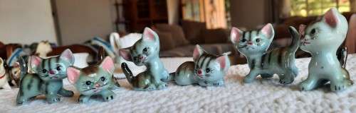 Vintage, set of 6 playful kittens, grey stripes with pink ears