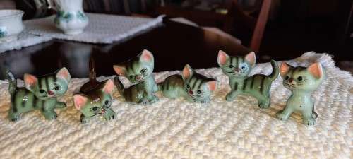 Vintage, set of 6 playful kittens, grey stripes with pink ears