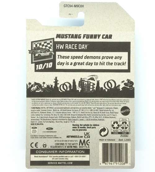 HOTWHEELS MUSTANG FUNNY CAR HW RACE DAY  - Long Card USA Only  - GTC94-M9C0H Treasure Hunt 2021