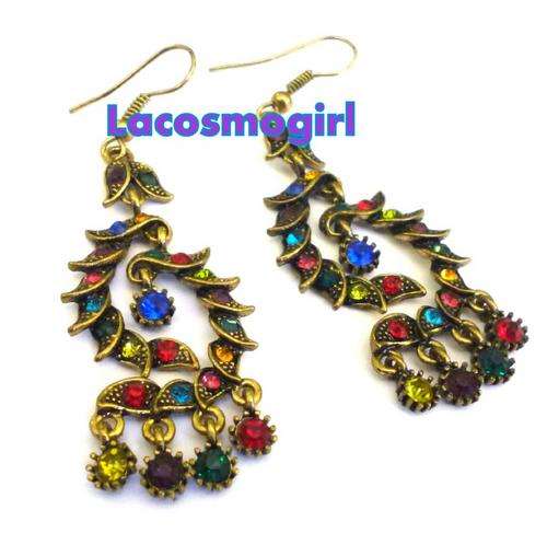Antique earrings with multi colour rhinestones - 6cm long