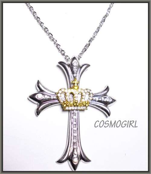 CRAZZZY R1 AUCTION - Dazzling large cross pendant with a diamante crown on a silver chain