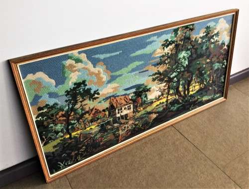 LARGE GLASS FRAMED TAPESTRY LANDSCAPE SCENE! *HAND-MADE*