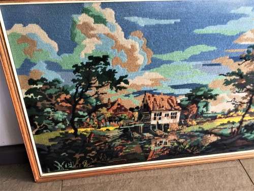 LARGE GLASS FRAMED TAPESTRY LANDSCAPE SCENE! *HAND-MADE*