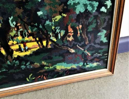 LARGE GLASS FRAMED TAPESTRY LANDSCAPE SCENE! *HAND-MADE*