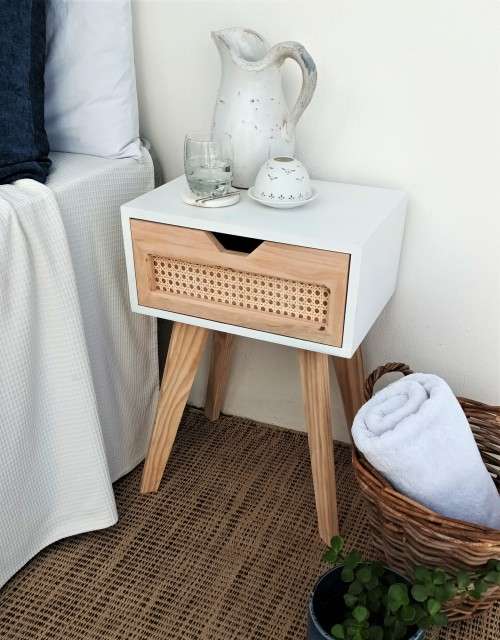WHITE AND RATTAN/WOODEN MID-CENTURY SIDE TABLES! *RETRO* *RETAIL FOR R1499 each*