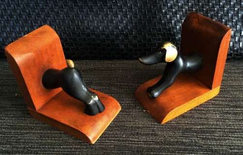 SOLID BRASS AND WOOD DACHSHUND BOOK-ENDS!