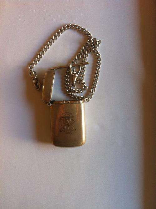 ANTIQUE SILVER FOB CHAIN & SILVER HALLMARKED MATCHBOX HOLDER