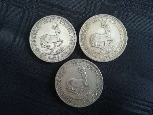 10 x SA 5 shillings... 1951, 1953, 1957, 1960... As a lot... SILVER!!!