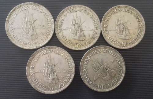 5 x SA 5 shillings... All 1952... As a lot... SILVER!!!