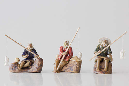 Chinese Fishermen, 3x3x5.5cm, 3pc set, glazed.