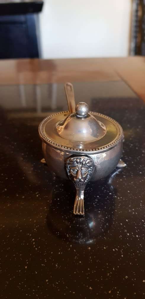 Sliver Mustard Pot plus serving spoon 5 cm Tall