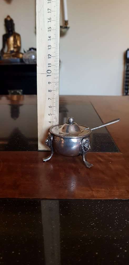 Sliver Mustard Pot plus serving spoon 5 cm Tall