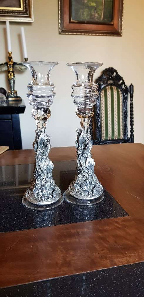 2 x Glass Candelabra with silver pewter design