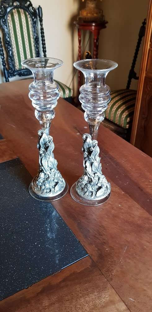 2 x Glass Candelabra with silver pewter design