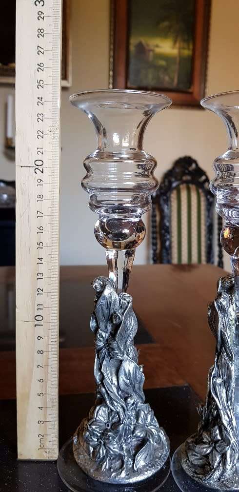 2 x Glass Candelabra with silver pewter design