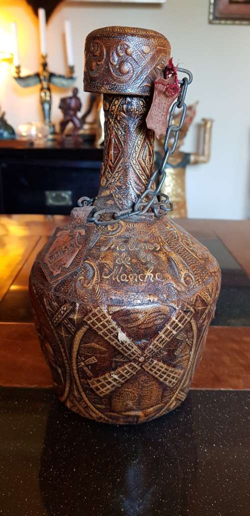 Vintage Jeype Goat Leather Strapped Bottle Featuring Don Qui-jote