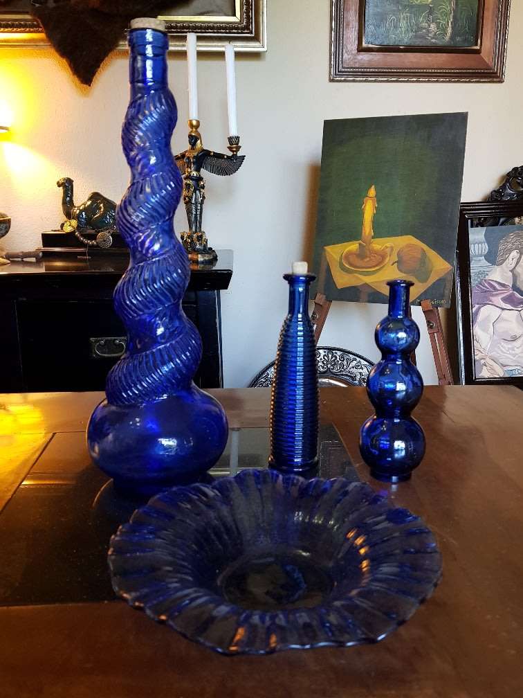 Beautiful Blue art Glass Bottles & a Plate