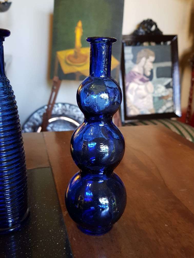 Beautiful Blue art Glass Bottles & a Plate
