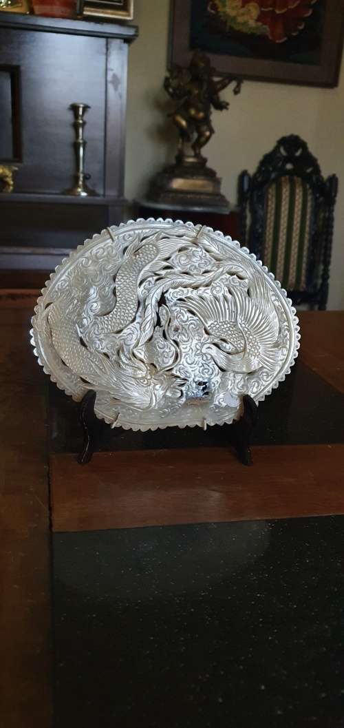 Antique Mother of Pearl Carving of Dragon and Phoenix