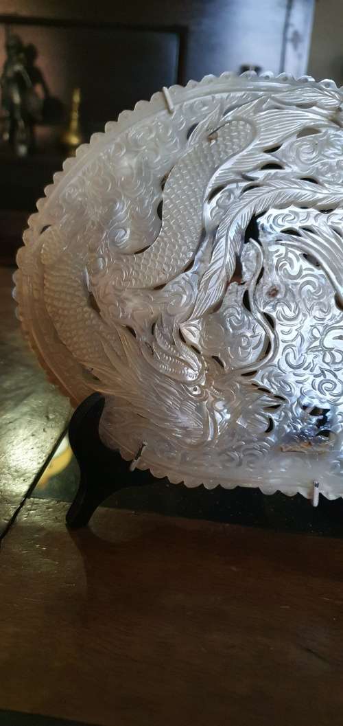 Antique Mother of Pearl Carving of Dragon and Phoenix