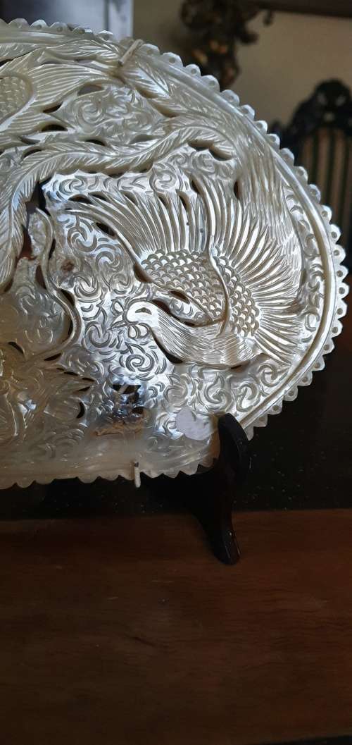 Antique Mother of Pearl Carving of Dragon and Phoenix