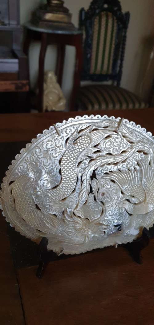 Antique Mother of Pearl Carving of Dragon and Phoenix