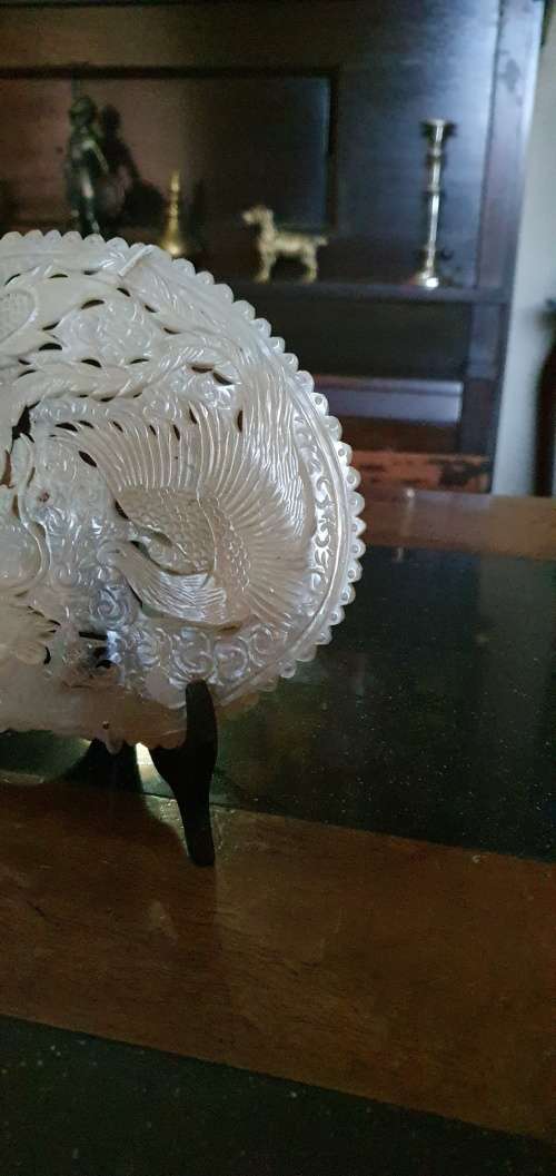 Antique Mother of Pearl Carving of Dragon and Phoenix