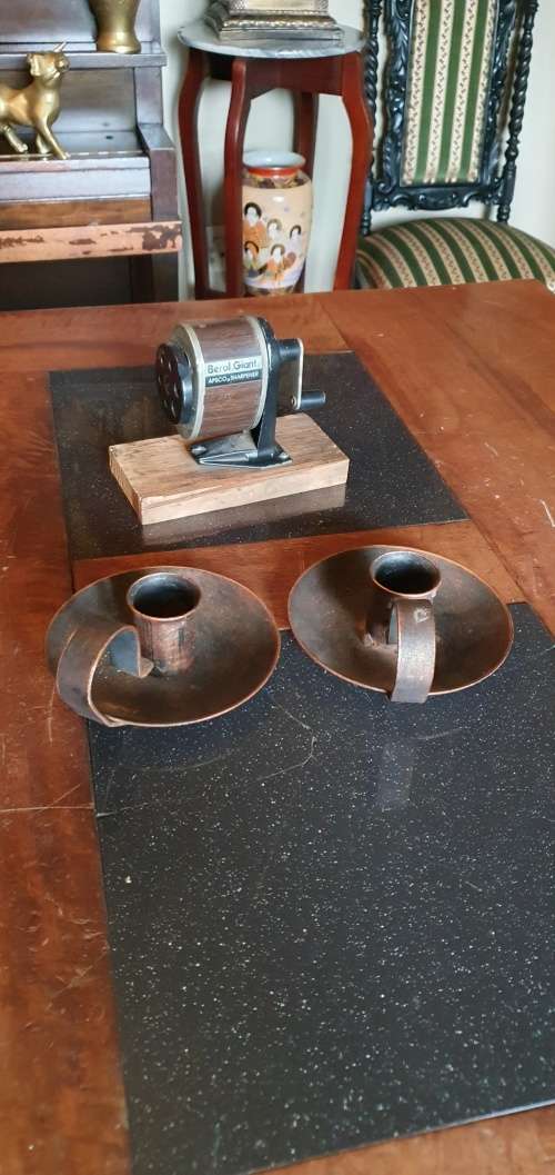Vintage Pencil Sharpener & Two Vintage Candle Stick Holders