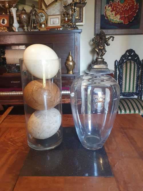 Two Beautiful Glass Vases Plus 3 Ostrich Eggs