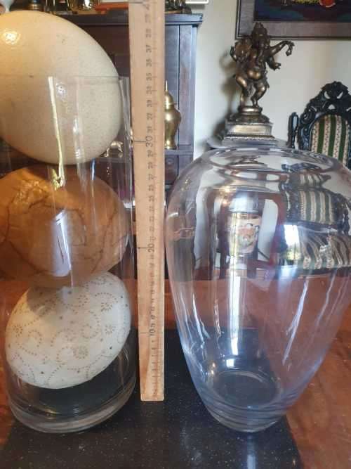 Two Beautiful Glass Vases Plus 3 Ostrich Eggs