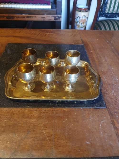 Vintage Brass Tray/Six Goblets