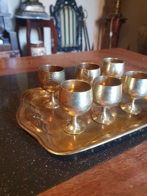 Vintage Brass Tray/Six Goblets
