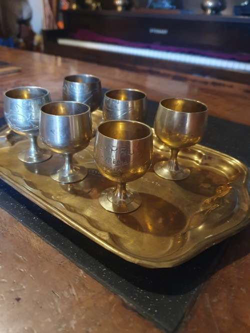 Vintage Brass Tray/Six Goblets